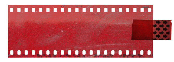 long red 35mm cine film strip fixed by sticker on white background.