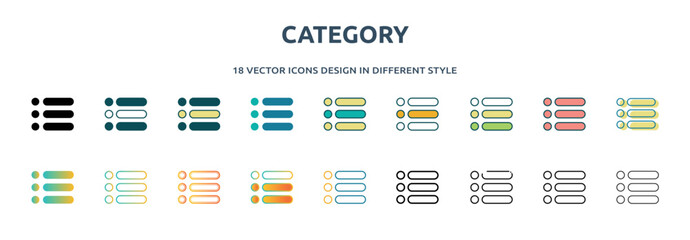 category icon in 18 different styles such as thin line, thick line, two color, glyph, colorful, lineal color, detailed, stroke and gradient. set of category vector for web, mobile, ui