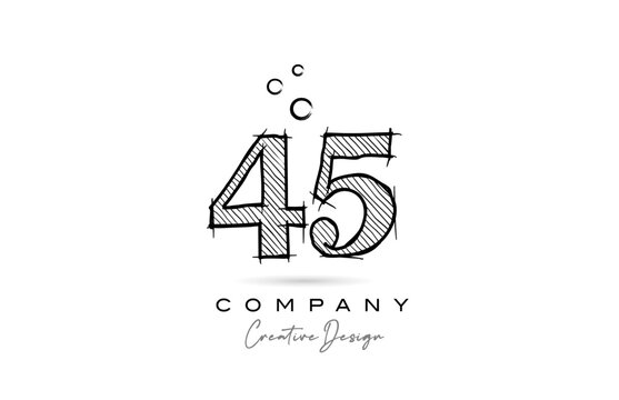 hand drawing number 45 logo icon design for company template. Creative logotype in pencil style