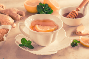 Tea with ginger, lemon and mint, selective focus, no people, sunlight, breakfast, morning, lifestyle,