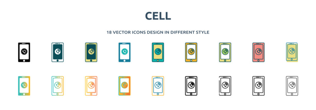 cell icon in 18 different styles such as thin line, thick line, two color, glyph, colorful, lineal color, detailed, stroke and gradient. set of cell vector for web, mobile, ui