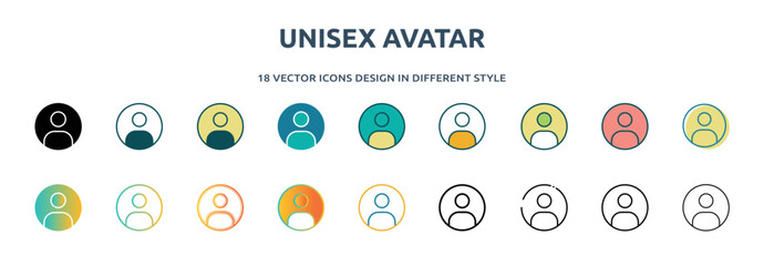unisex avatar icon in 18 different styles such as thin line, thick line, two color, glyph, colorful, lineal color, detailed, stroke and gradient. set of unisex avatar vector for web, mobile, ui