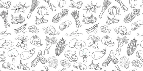 Seamless background pattern of organic farm fresh fruits and vegetables