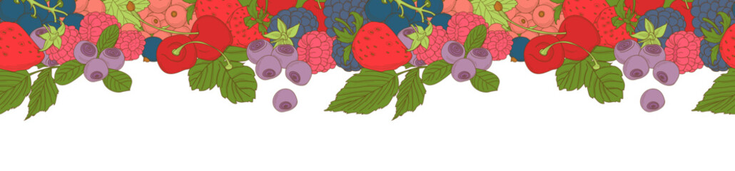 Berries mix seamless border frame of cherry, currant, blueberry,