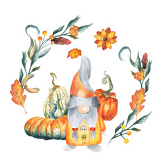 Gnome and pumpkin watercolor hand drawing. Autumn composition with colorful pumpkins. Background for printing on card, mug. autumn harvest festival.