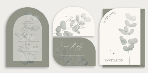 Modern wedding invitation, green wedding invitation template, arch shape with watercolor eucalyptus leaf and handmade calligraphy