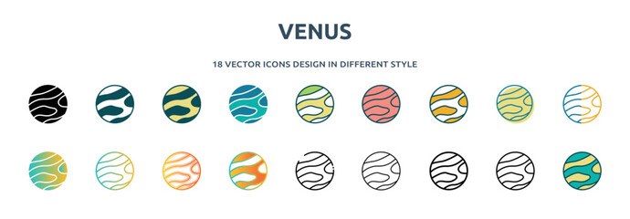 venus icon in 18 different styles such as thin line, thick line, two color, glyph, colorful, lineal color, detailed, stroke and gradient. set of venus vector for web, mobile, ui
