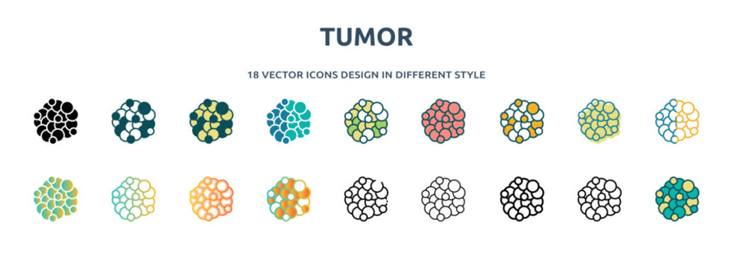 tumor icon in 18 different styles such as thin line, thick line, two color, glyph, colorful, lineal color, detailed, stroke and gradient. set of tumor vector for web, mobile, ui