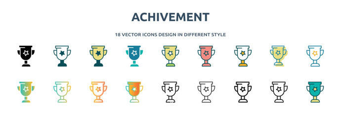 achivement icon in 18 different styles such as thin line, thick line, two color, glyph, colorful, lineal color, detailed, stroke and gradient. set of achivement vector for web, mobile, ui