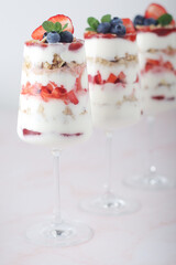 Strawberry milk yogurt desert in glasses