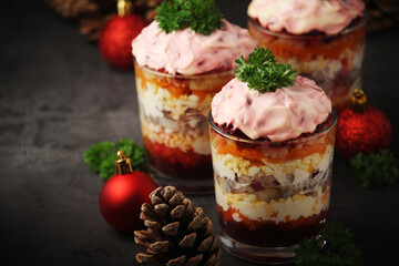 Dressed herring or herring under fur - traditional Russian salad