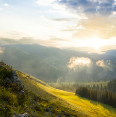green mountain valley at the sunset, beautiful mountain travel landscape