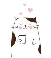 funny hand drawn vector cat with disposable cup isolated on white background