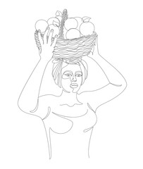 Girl head silhouettes. The lady is holding a basket of apples in her hands. Woman in modern single line style. Solid line, outline for decor, posters, stickers, logo. Vector illustration.