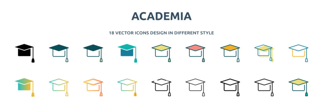 Academia Icon In 18 Different Styles Such As Thin Line, Thick Line, Two Color, Glyph, Colorful, Lineal Color, Detailed, Stroke And Gradient. Set Of Academia Vector For Web, Mobile, Ui