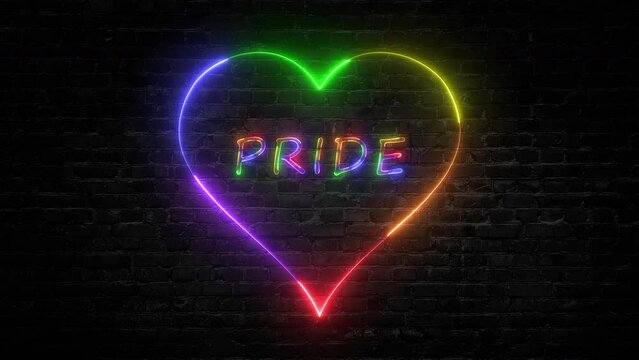 Animation of neon sign on the wall with heart and pride text with lgbt flag colors.gay pride flag.Flag symbol of freedom, peace, and equality. Lesbian, gay, bisexual, transgender, and queer Lgbtq.