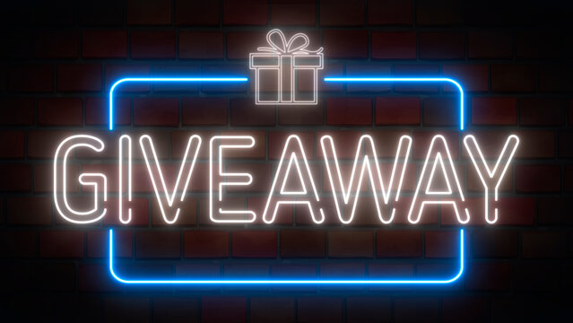 Giveaway neon sign in a frame with a giftbox on a brick background. Animation glowing neon line text Giveaway.