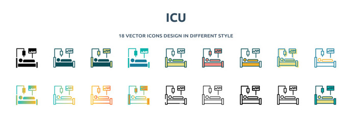 icu icon in 18 different styles such as thin line, thick line, two color, glyph, colorful, lineal color, detailed, stroke and gradient. set of icu vector for web, mobile, ui