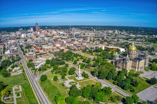 Aerial View of the Iowa State Capitol Building with Des Moine Skyline