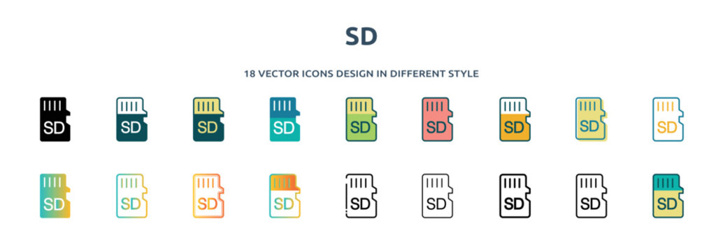sd icon in 18 different styles such as thin line, thick line, two color, glyph, colorful, lineal color, detailed, stroke and gradient. set of sd vector for web, mobile, ui