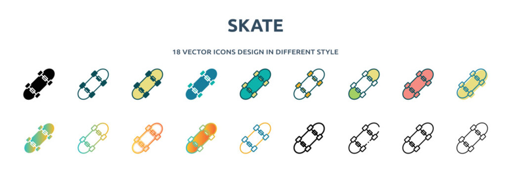skate icon in 18 different styles such as thin line, thick line, two color, glyph, colorful, lineal color, detailed, stroke and gradient. set of skate vector for web, mobile, ui