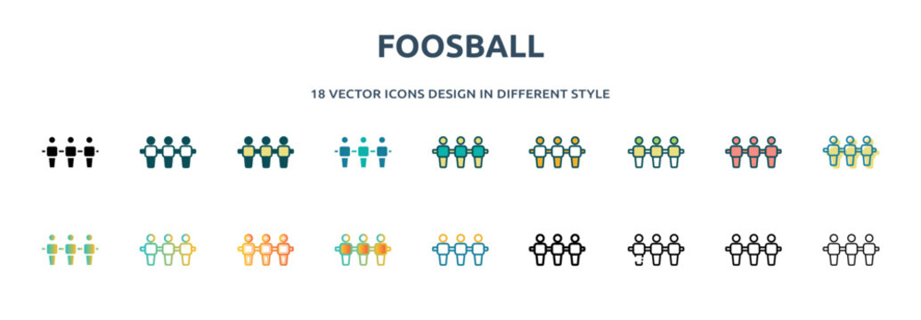 foosball icon in 18 different styles such as thin line, thick line, two color, glyph, colorful, lineal color, detailed, stroke and gradient. set of foosball vector for web, mobile, ui