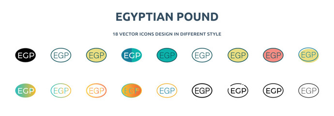 egyptian pound icon in 18 different styles such as thin line, thick line, two color, glyph, colorful, lineal color, detailed, stroke and gradient. set of egyptian pound vector for web, mobile, ui - obrazy, fototapety, plakaty