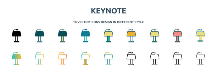 keynote icon in 18 different styles such as thin line, thick line, two color, glyph, colorful, lineal color, detailed, stroke and gradient. set of keynote vector for web, mobile, ui
