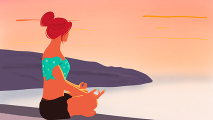 femme qui médite au coucher du soleil, illustration yoga