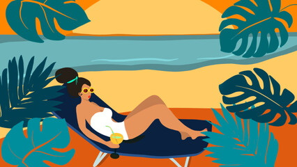 illustration femme avec cocktail à la main sur transat avec coucher de soleil