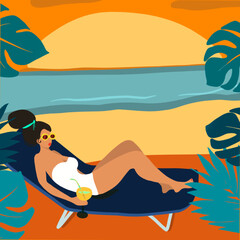 Obraz na płótnie Canvas Illustration femme cocktail transat coucher de soleil, format carré
