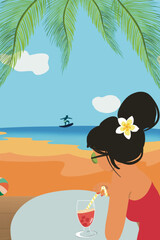 Illustration femme cocktail assise au bord de la plage regarde surfeur