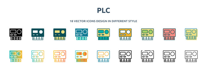plc icon in 18 different styles such as thin line, thick line, two color, glyph, colorful, lineal color, detailed, stroke and gradient. set of plc vector for web, mobile, ui