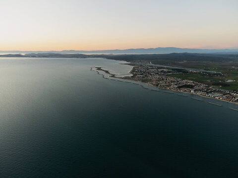 Aerial view of Altinova Ayvalik Balikesir Turkey and the coast