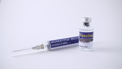 Vaccine in clear bottle with syringe  on white background.  Vaccinations for protect MPXV Smallpox and  Monkeypox virus. 