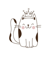 cute vector cat sitting with a crown on his head on a white background