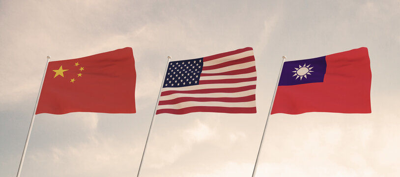 Flags of China, Taiwan and USA waving with cloudy blue sky background, 3D redering United States of America, Chinese Communist Party CCP. 3d rendering.