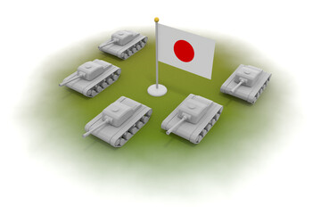 Fototapeta premium Japanese flag. 5 tanks. A tank moving on land. Weapons on the lawn.