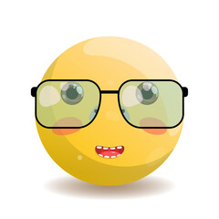 Emoji round emoticon with pink cheeks, brown eyes and rectangular glasses with black frame and green glass.