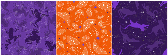 A set of seamless patterns with frogs, mushrooms, cats on the background of the starry cosmic sky. Magic print for Halloween. Vector graphics.