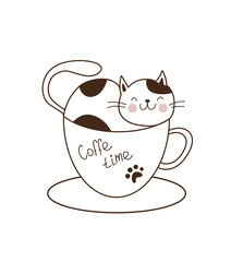 cute vector spotted cat sitting in a cup isolated on white background