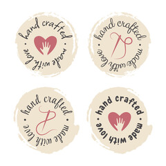 Hand made grunge circle label set. Handmade and crafted with love lettering stamp set, dry brush vector.