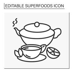  Tea line icon. Balanced nutrition. Green tea inside a teapot. Healthy hot drink. Vegetarian food.Superfood concept. Isolated vector illustration. Editable stroke