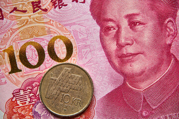 banknot chiński, 100 juanów, moneta norweska, Chinese banknote, 100 yuan, Norwegian coin