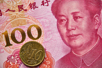 banknot chiński, 100 juanów, moneta euro, Chinese banknote, 100 yuan, euro coin - obrazy, fototapety, plakaty