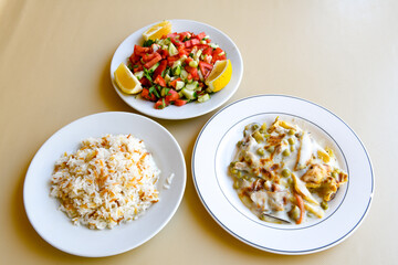 Traditional delicious Turkish food; Turkish style rice pilaf (Turkish name; Arpa sehriyeli. tavuklu, kuru fasulyeli, kavurmali pirinc pilavi)
