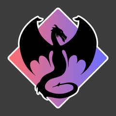 Dark wyvern as poster for the prequel Game of thrones - House of the dragon. Black dragon on blue and pink backdrop as sticker for design logotype, sign, websites, applications, clothes or accessories