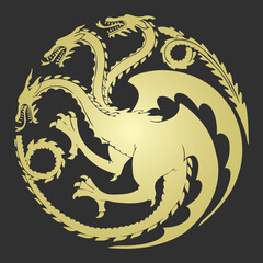 Three-headed gold dragon as emblem of the house Targaryen. Poster of the gold dragon for the series House of the Dragon - prequel Game of Thrones.  Vector illustration as print, pattern or wallpaper. © Hanna