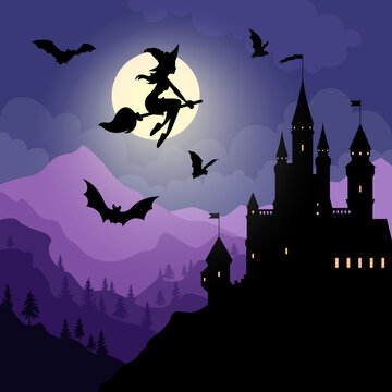 Dark gothic picture made up of medieval castle, witch and bats on the backdrop of moon. Halloween vector illustration of a amazing view of a castle, witch on the broom and bats in the sky in the night