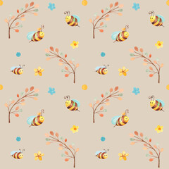 Watercolor seamless light pattern for kids textile with cute little bees. Honey food art with colorful tree and flowers. 